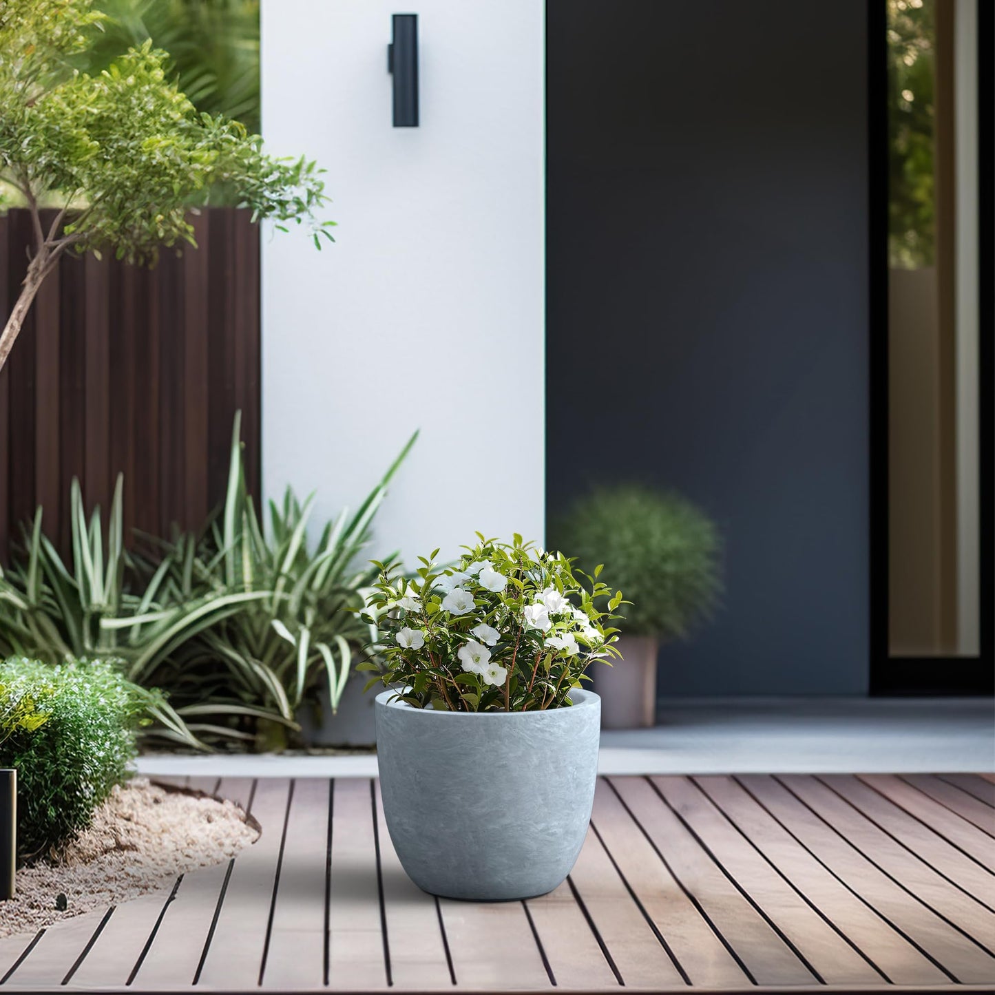 Kante 14 Inch Dia Round Concrete Planter, Indoor Outdoor Large Plant Pot with Drainage Hole and Rubber Plug for Home Patio Garden, Slate Gray