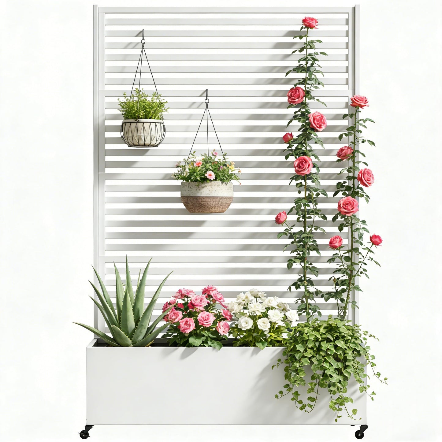 Sunnibety Metal Planter Box with Trellis Privacy Screen, Raised Garden Bed with Trellis & Wheels, Privacy Planters for Patio, Planter Box with Drainage Holes for Climbing Plants, 73"x 47"x 16", White