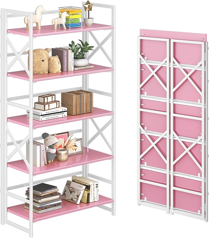 4NM 5 Tiers No Assembly Book Shelves, 51.2" H Folding Bookshelf Bookcase Open