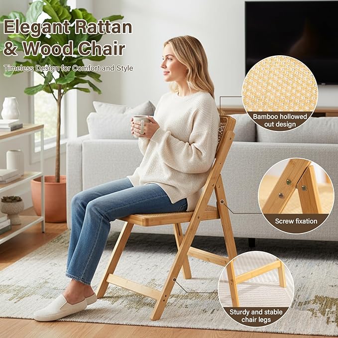 Furlide Rattan Folding Chair, Modern Mid Century Dining Chair Set of 1