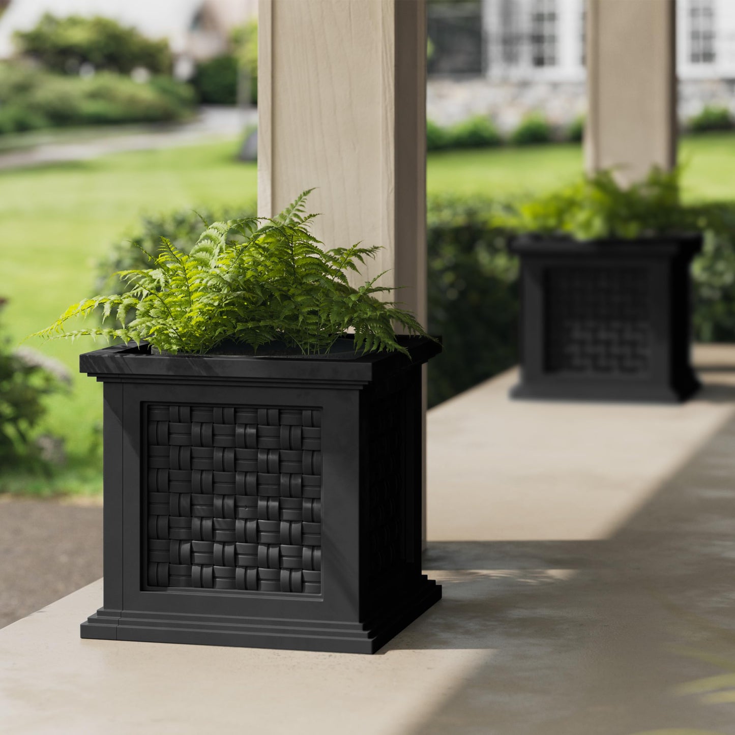 Rattan Style Outdoor Planter Box - 14.65-Inch-Square Decorative Flower or Plant Pot - Garden, Patio and Front Porch Decor by Pure Garden (Black)
