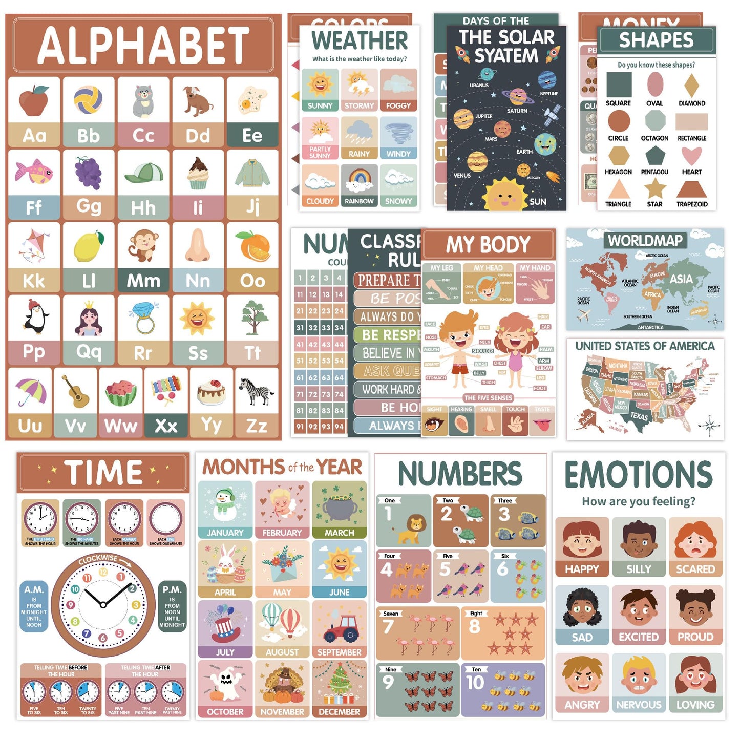 Sruchy 18 Boho Educational Posters for Classroom, 11x17in Laminated Educational Preschool Posters for Toddlers 1-3-5 Years Old - Homeschool, Kindergarten Classroom and Kids' Walls Decor