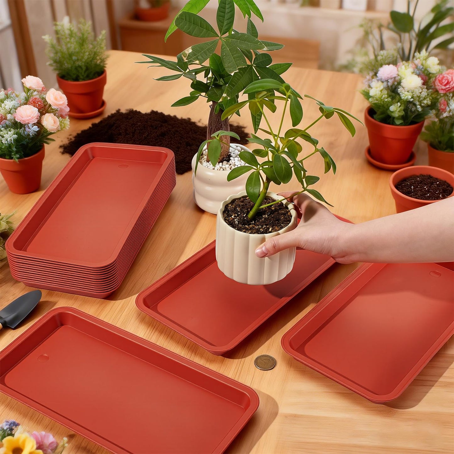 INTERWARM 16 Pack Rectangular Plastic Plant Saucers Tray Bulk, 13x6.7Inch Large Plastic Plant Drip Trays Flower Pot Drip Trays for Indoor and Outdoor No Holes Window Shelf, Indian Red