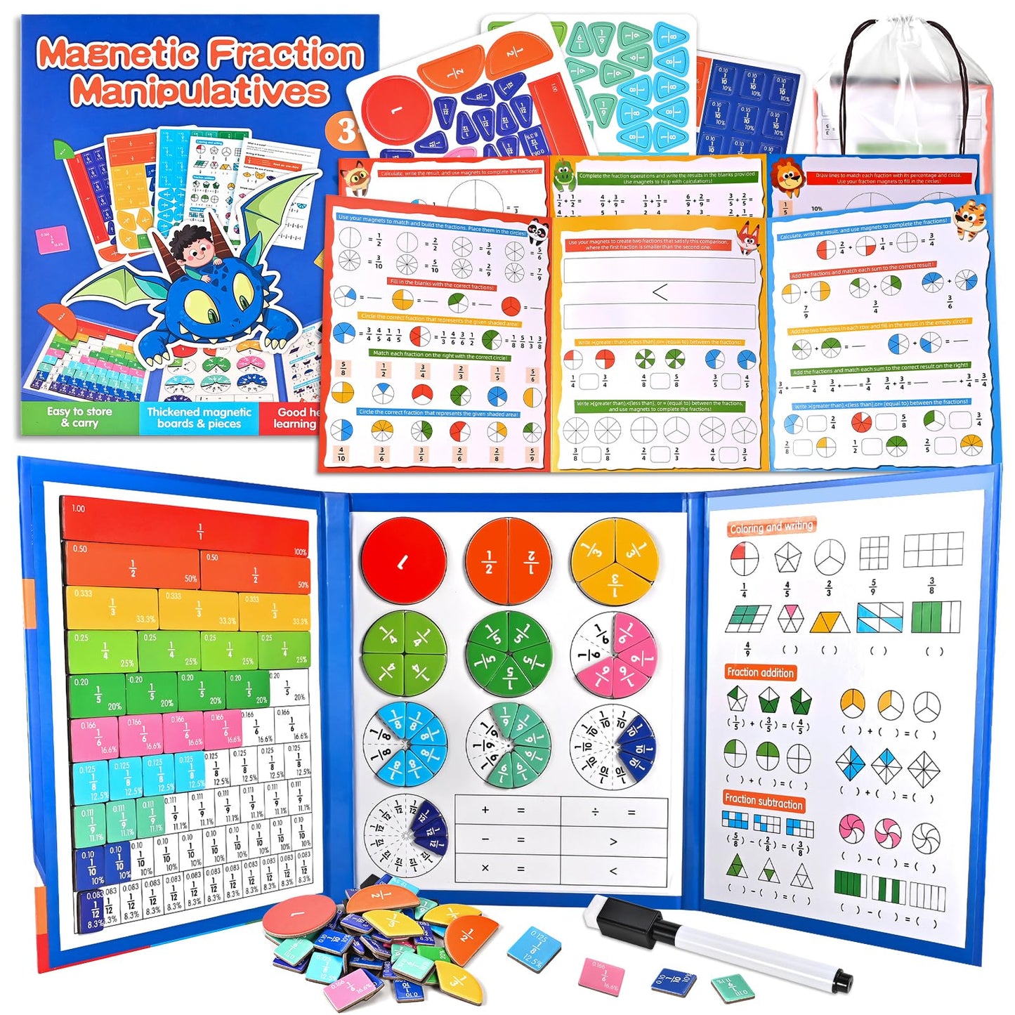 Magnetic Fraction Demonstration Book with Magnetic Fraction Tiles & Circles, Hands-On Fraction Manipulatives for Kids, Visual Math Learning Set for Classroom, Homeschool & Early Math Practice