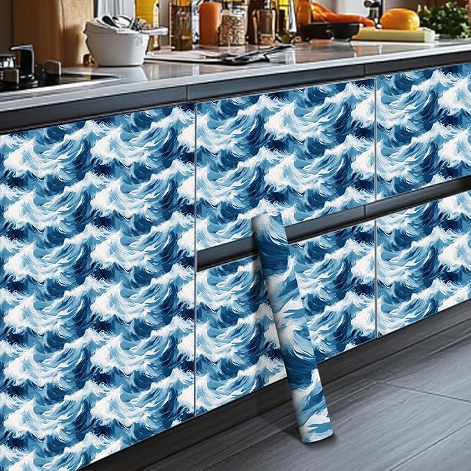 HOMETITUTE Blue Wave Pattern Wallpaper Peel and Stick Self Adhesive Vinyl Wall