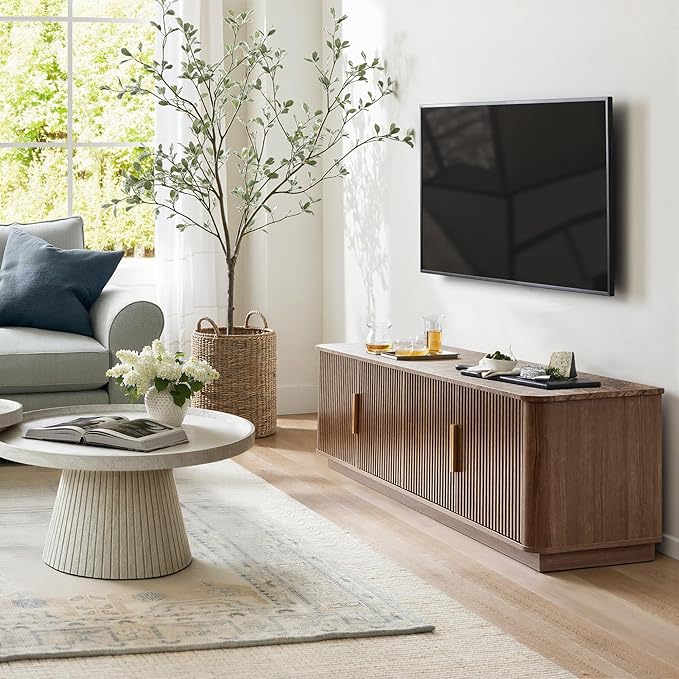 win2win 67" TV Stand for 80 Inch TV, Mid Century Modern Fluted Entertainment