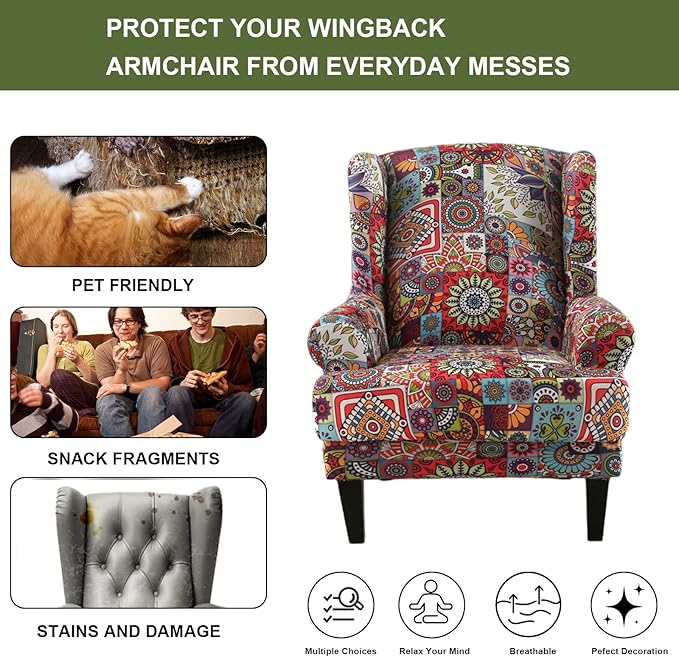 HAOYONG Wing Chair Slipcovers Elastic Boho Printed Wingback Chair Covers 2