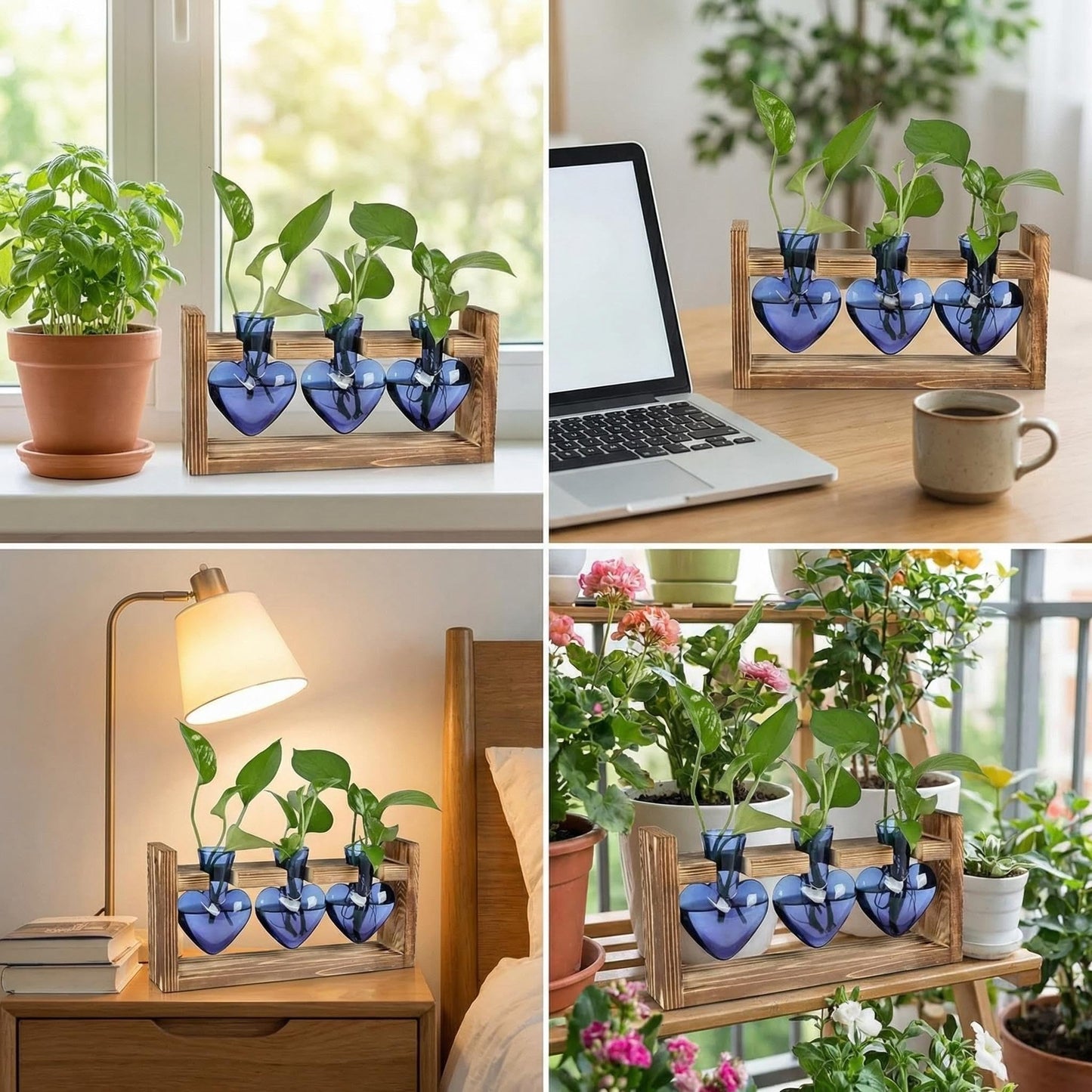 Plant Propagation Station 3Pcs Heart Vase with Wooden Stand Tabletop for Hydroponics Indoor Home Table Decor for Her Plant Lovers Women Mom Wife Daughter (Blue)