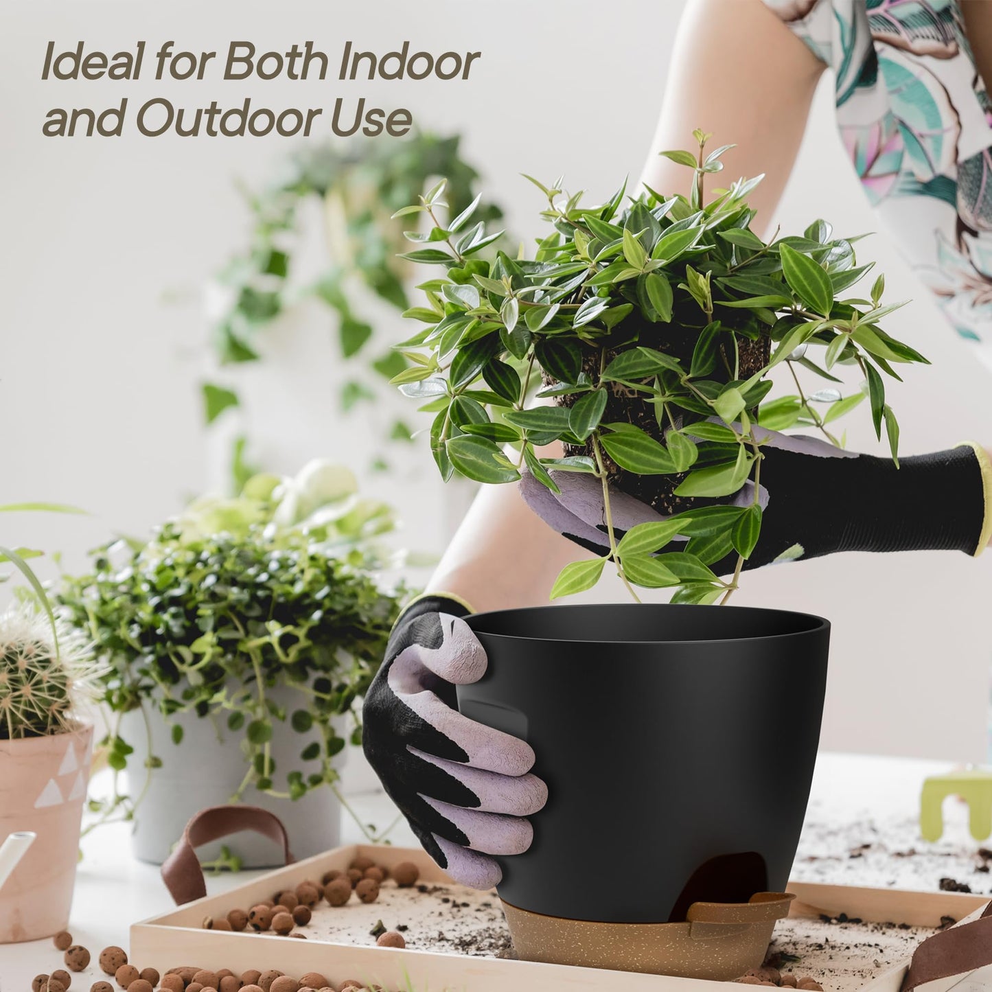 Black Self Watering Pots 10 Pack, Indoor and Outdoor Plant Pots with Wick Rope & Drainage Holes, Easy Watering Lip, Lightweight Plastic Self Watering Planter for Succulents, Houseplants, and Herbs