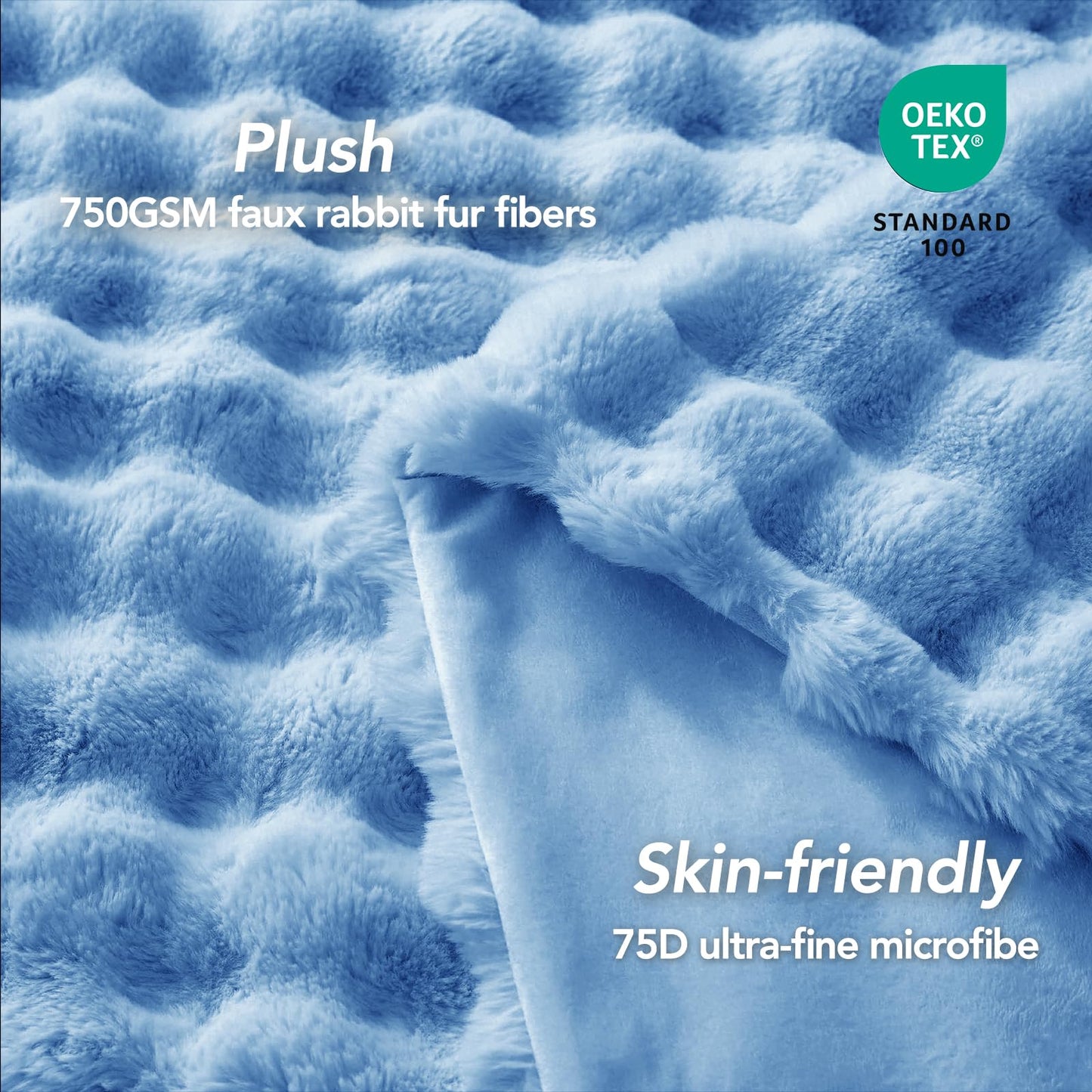 L'AGRATY Faux Fur Throw Blanket: 50" x 60" Luxury Soft Fluffy Rabbit Fur Blankets Twin for Couch Bed Sofa - Cozy Plush Bubble Blankets for Winter: Flannel Fleece Decorative Blanket(Airy Blue)