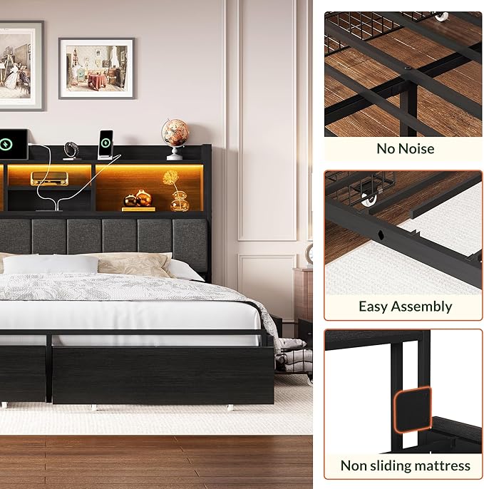 LARMACE Queen Bed Frame with 6 Storage Drawers, Bed Frame Queen Size with Linen