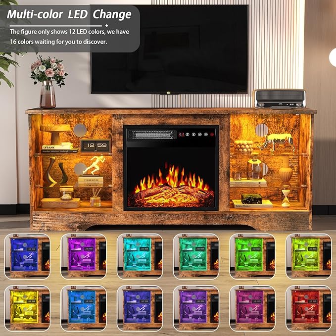 PRETZI Fireplace TV Stand with 18" Fireplace Up to 65" TVs, TV Media Console