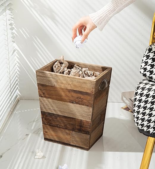 Small Wood Trash Can, Farmhouse Rectangular Garbage Can Waste Basket, Rustic