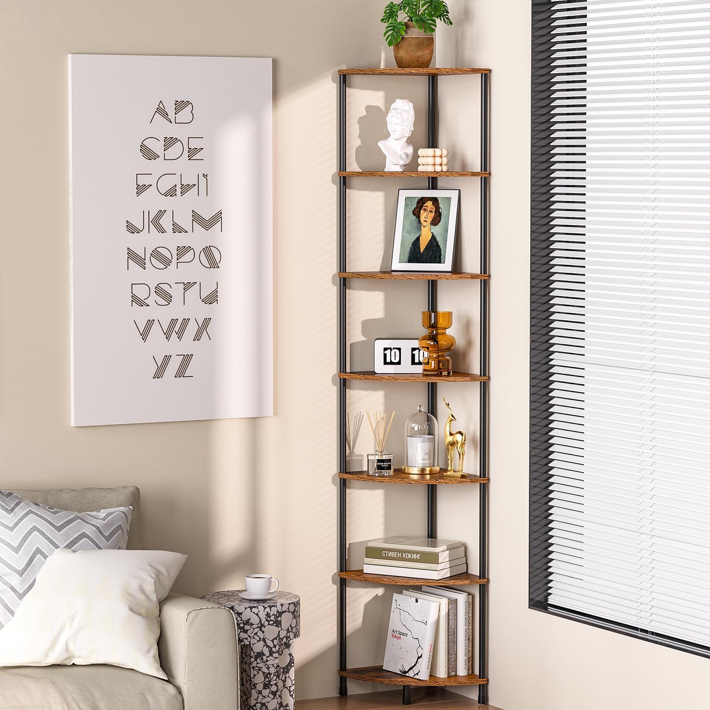 Greatseas Corner Plant Stand Shelf, 7 Tier Tall Plant Stand for Indoor Plants, Rustic Brown Corner Book Wall Decor Living Room, 64.7" Display Shelf for Bedroom, Bathroom, Small Space