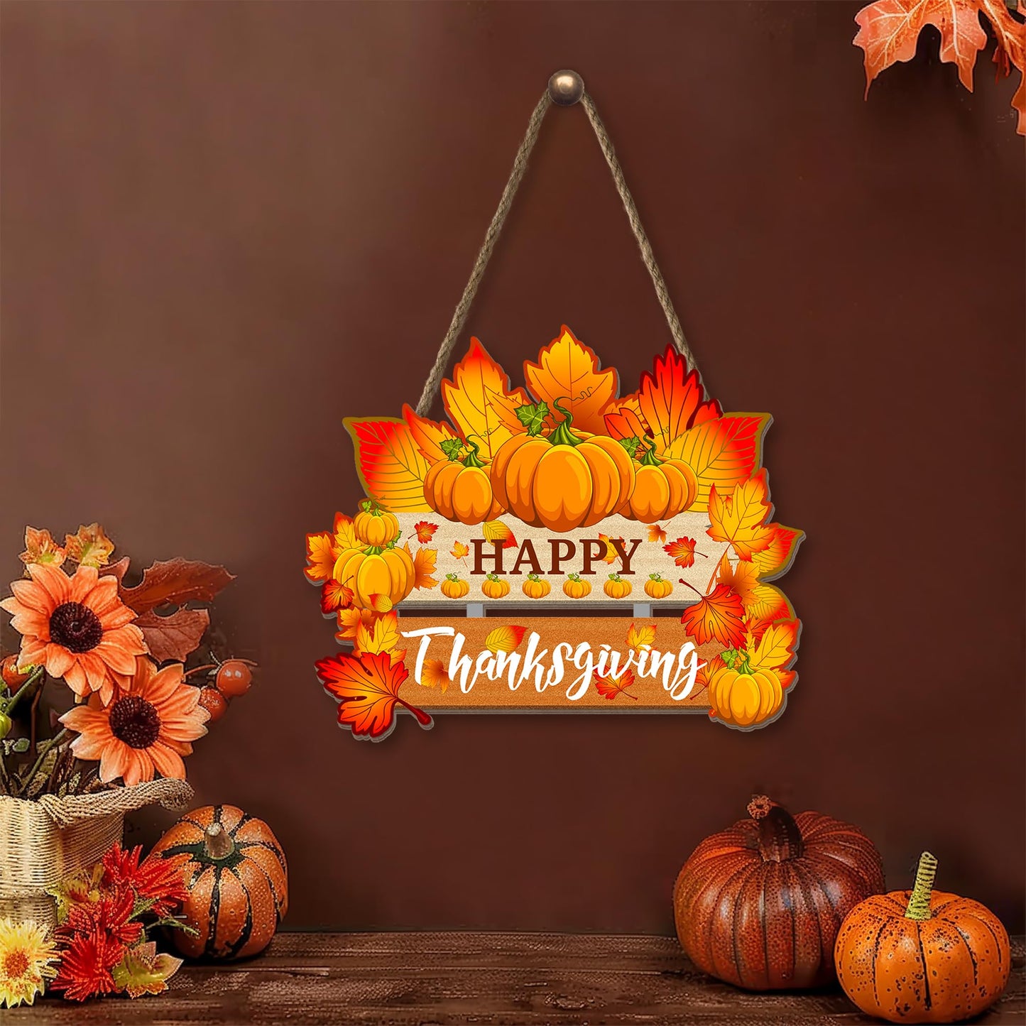 Thanksgiving Pumpkin Door Sign - Rustic Wall Art Plaque for Front Door, Home Office Decoration - Hanging Holiday Decor, 13.8x11 Inch