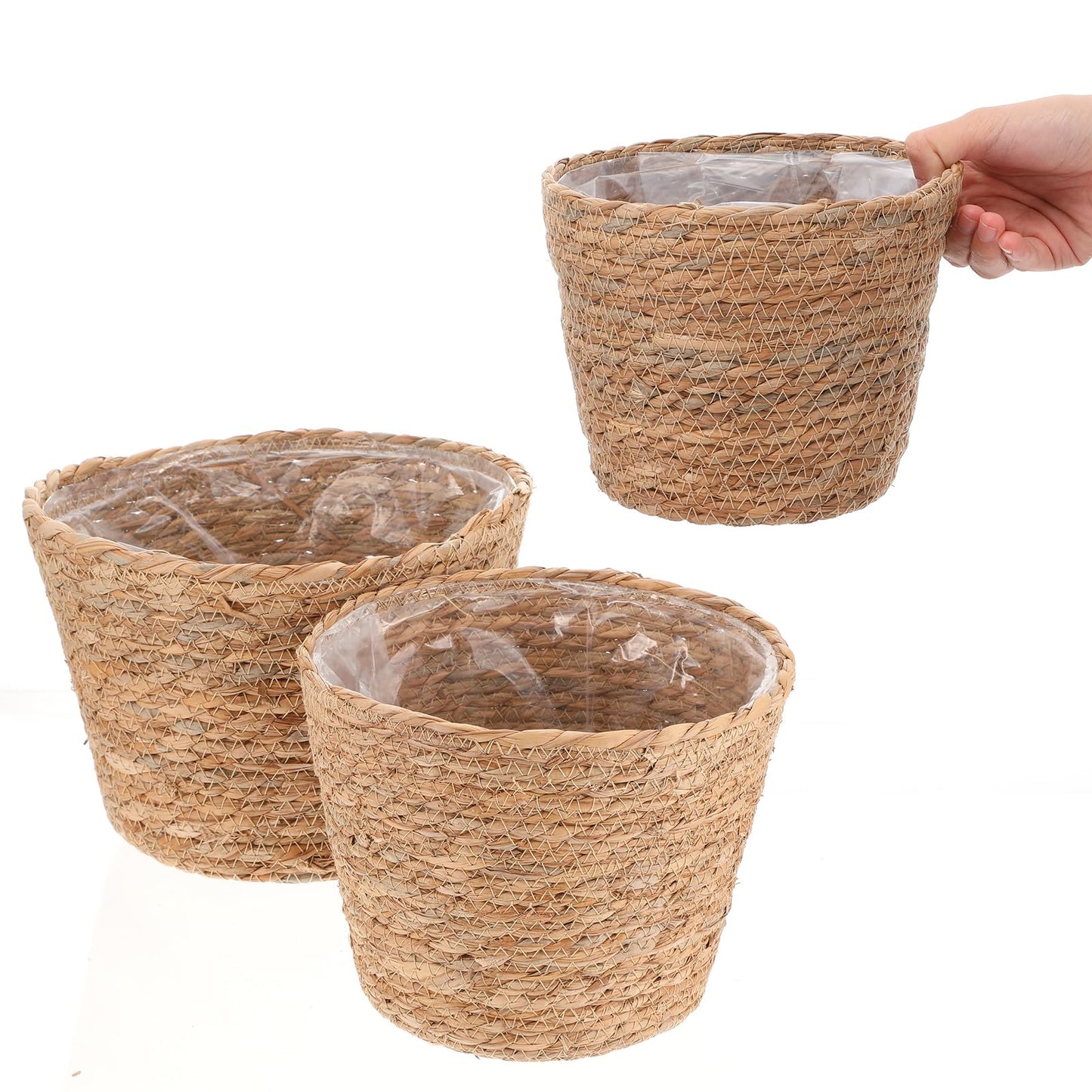 mekueeex 3 PCS Plant Baskets Indoor with Plastic Liner, Water Hyacinth Woven Planters Flower Basket, Planter Basket for Rustic Boho Home Farmhouse Floor Potted Pots Decor