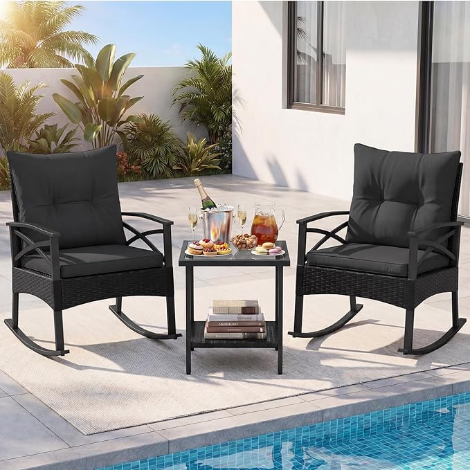 Tangkula 3 Pieces Outdoor Rocking Chairs Set, Rattan Heavy Duty Cushioned