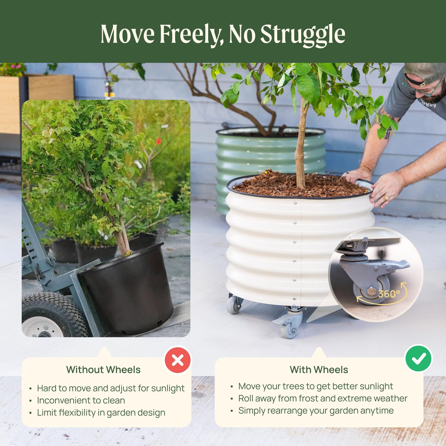 Rolling Metal Citrus Tree Planter Pot, 21″ Round Planter Box for Porch Patio & Backyard, 20 Gallon Large Planter Pot with Wheels for Growing Olive Trees Tomatoes Vegetables and Flowers, Olive Green