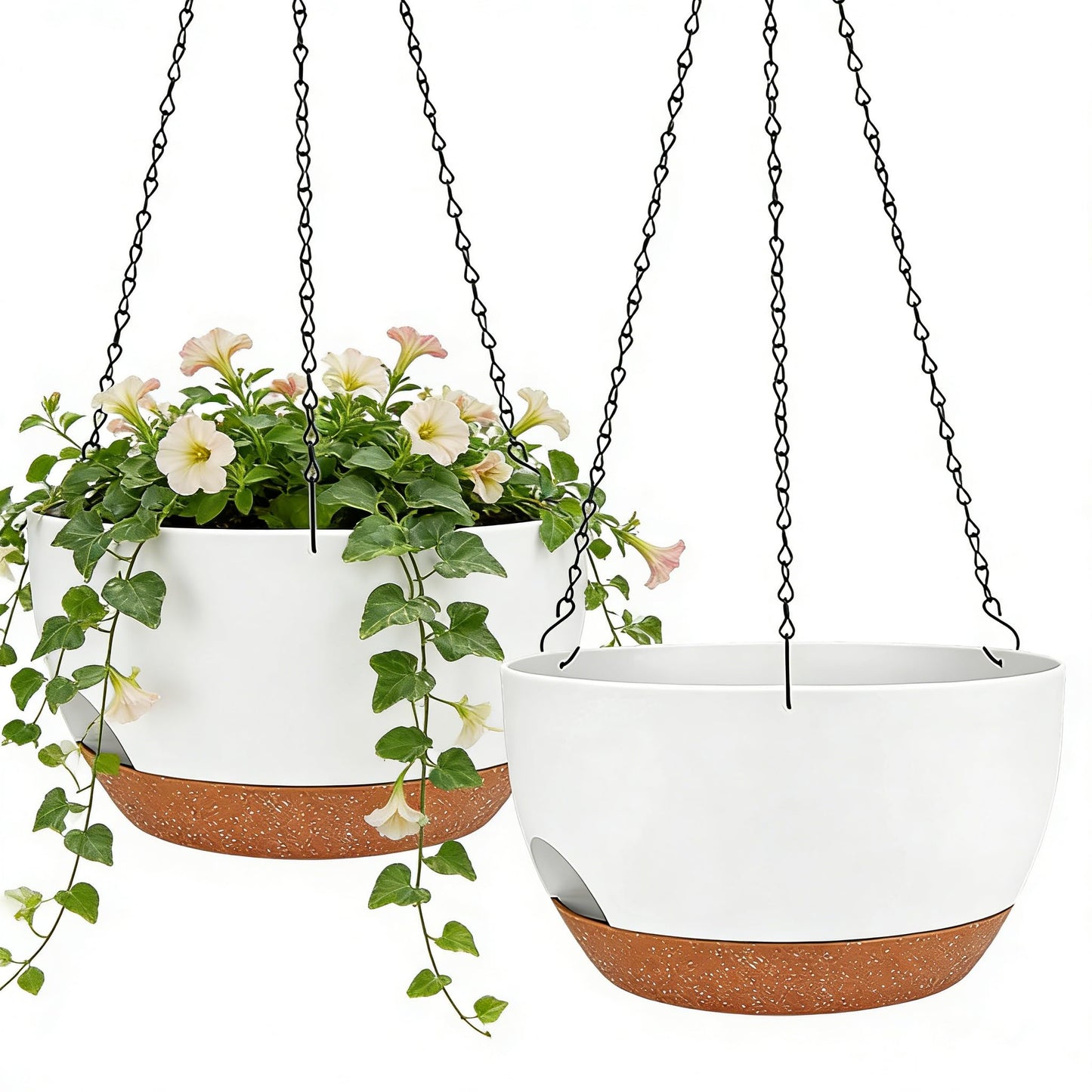 zople Set of 2-8 Inch Self Watering Hanging Planters for Indoor Outdoor，Hanging Plant Pots with Drainage & Removable Tray, Hanging Pots Holder for Ivy, Pothos, Ferns, Balcony & Patio, White Brown