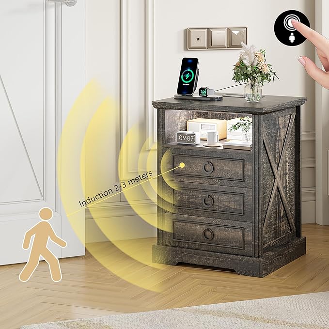 Nightstand with Charging Station, Farmhouse End Side Table with 3 Drawers and