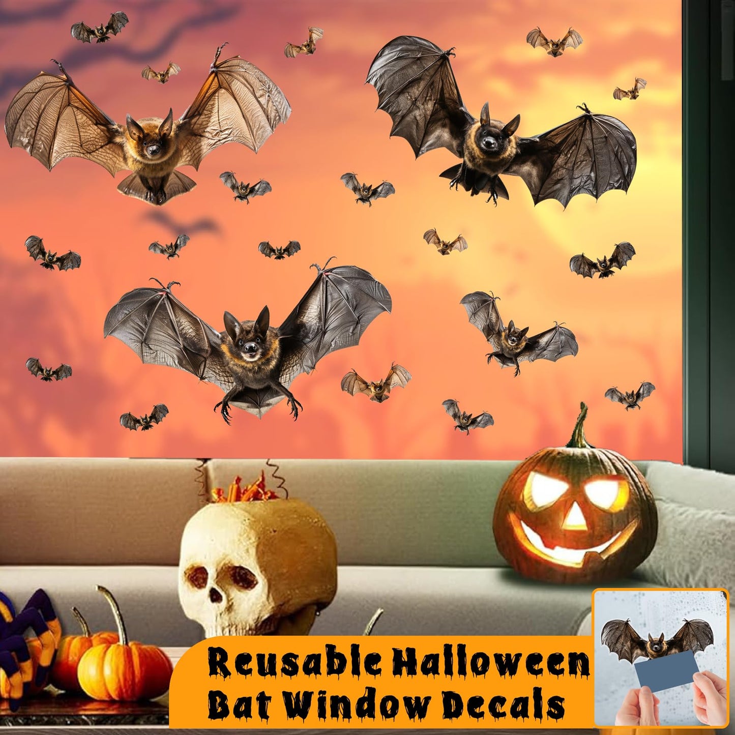 Halloween Window Decorations Clings Decor Large Bats Decals Removable Halloween Glass Stickers Indoor Spooky Bats Clings Double-Sided Scary Static Cling for Holiday Party Outdoor Decoration Supplies