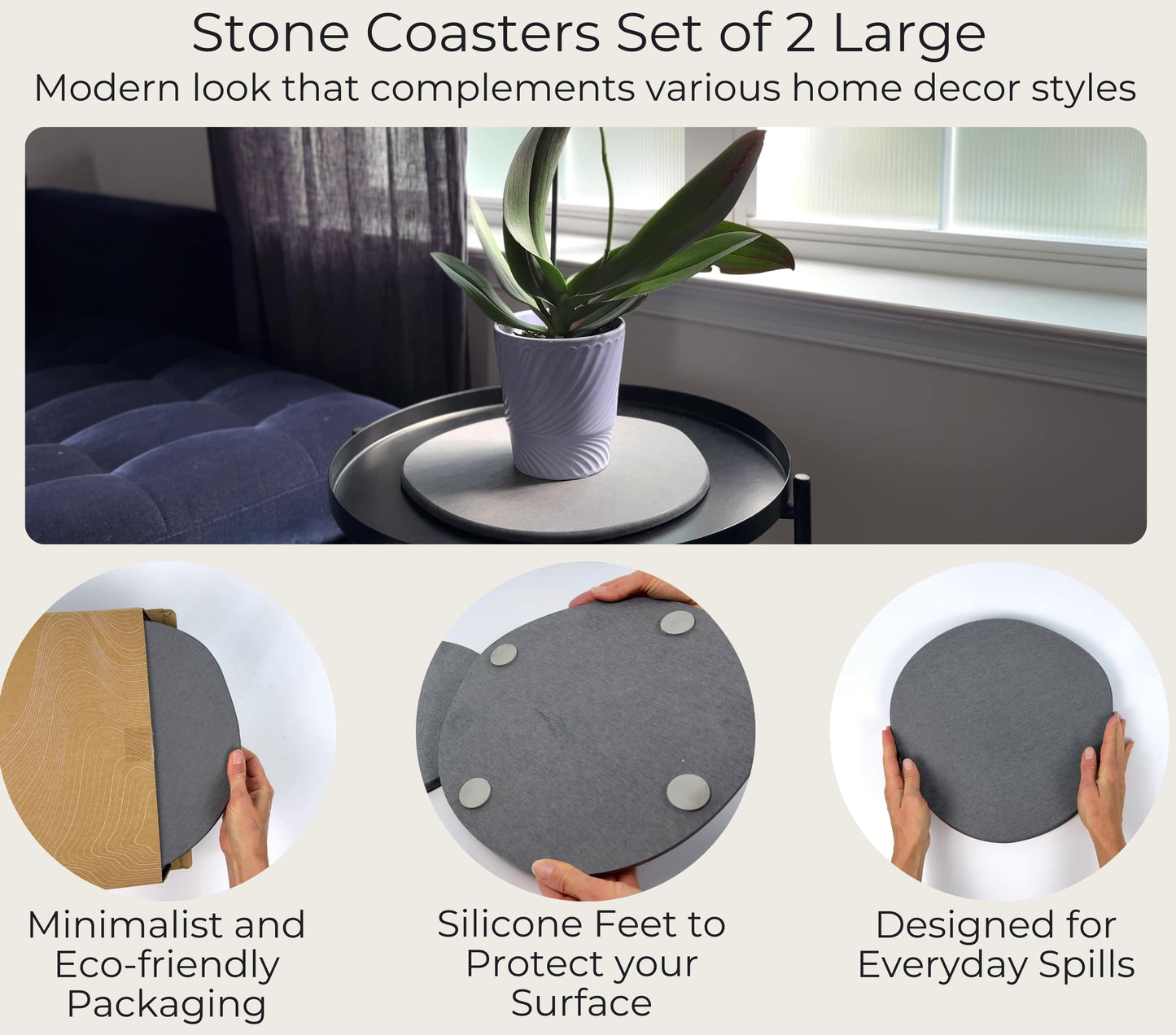 Stone Plant Saucer Set of 2 Large 11.5 in, Absorbent Diatomaceous Earth Plant Tray for Indoor Plants, Plant Pot Saucer with Silicone Feet, Grey Slate Water Absorbing Planter Tray