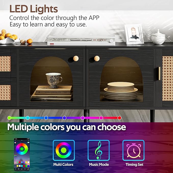 Merax Rattan TV Stand with LED Lights, Solid Wood Feet, Living Room, Bedroom