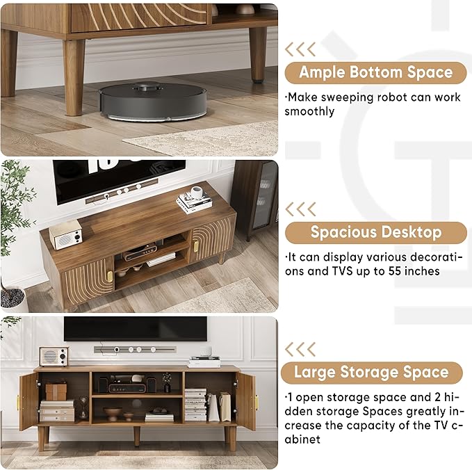 Smuxee Walnut TV Stand with Line Groove Design, 47.2" Mid Century Modern TV