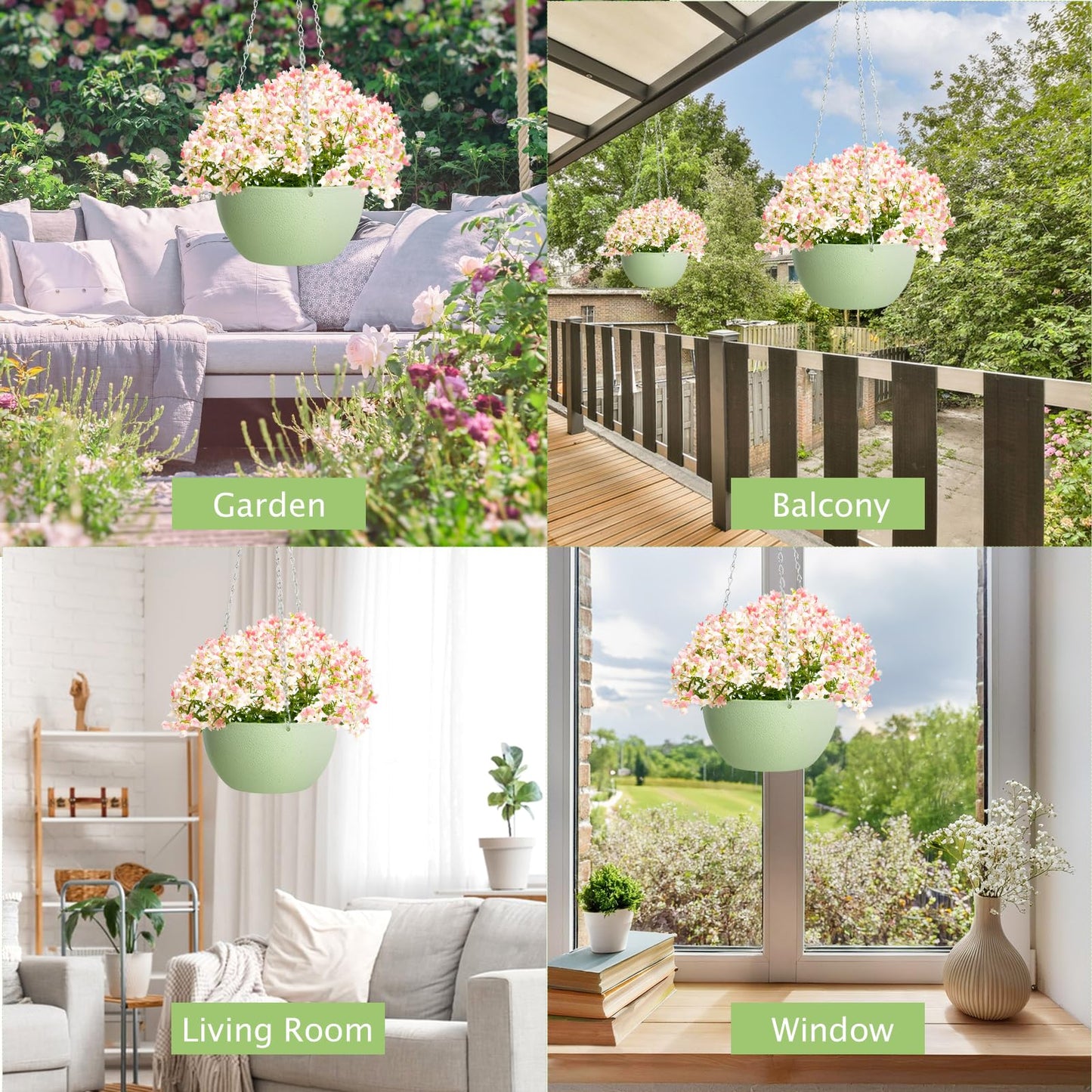 XXXFLOWER Hanging Planters 2 Pack Hanging Baskets Plastic Flower Pot with Drainage Hole & Chain & Hook,Hanging Flower Baskets for Indoor and Outdoor Plants,Home Wall Boho Decor（Green）