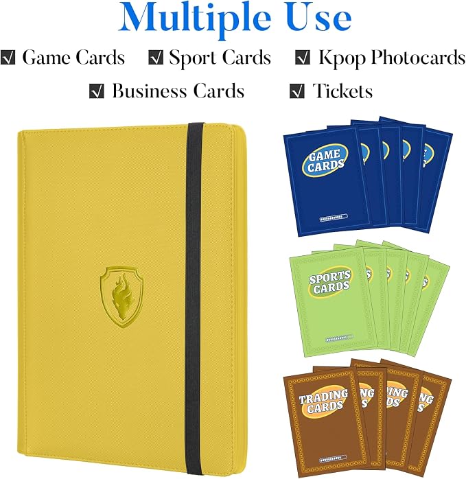 Premium 9 Pocket Card Binder for 540 Cards, Fabmaker PU Cover Trading Card Binder, Sturdy Card Collection Album, Sleek Card Holder Folders for Game Cards & Sports Cards, Yellow