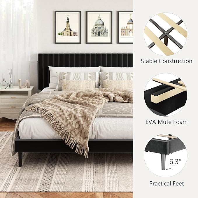 HAOARA King Size Bed Frame, King Size Platform Bed Frame and Velvet Upholstered