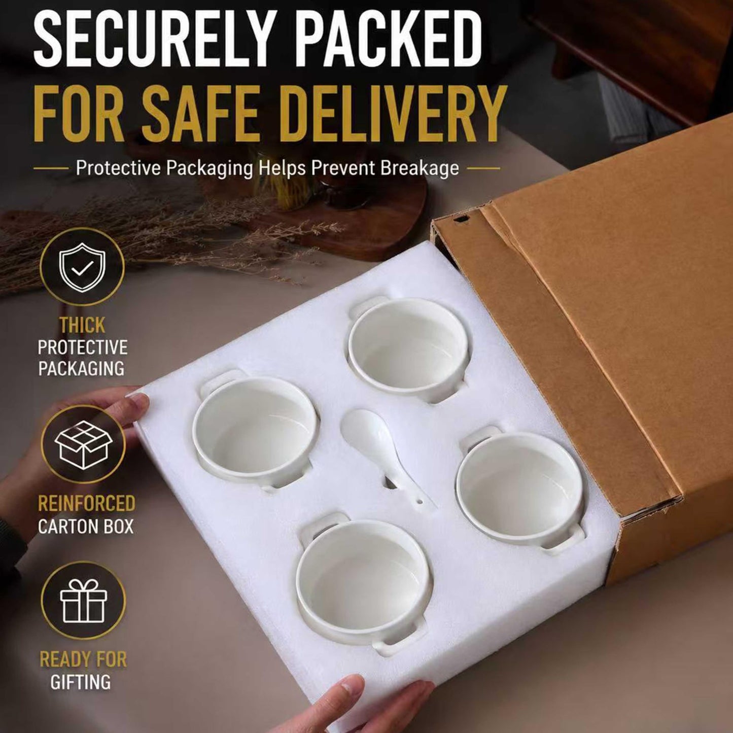 20oz French Onion Soup Bowls with handles Set of 4, 2 Mitts & 4 Spoons Included, Ceramic Oven Safe,Perfect for Soups, Chicken, Vegetable, Beef, Oatmeal, Chili, Corn, Clam, Pumpkin & More (White)