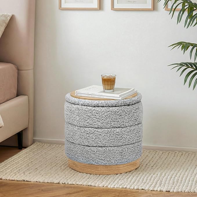 Round Storage Ottoman with Reversible Tray Lid, Folding Chenille Fabric