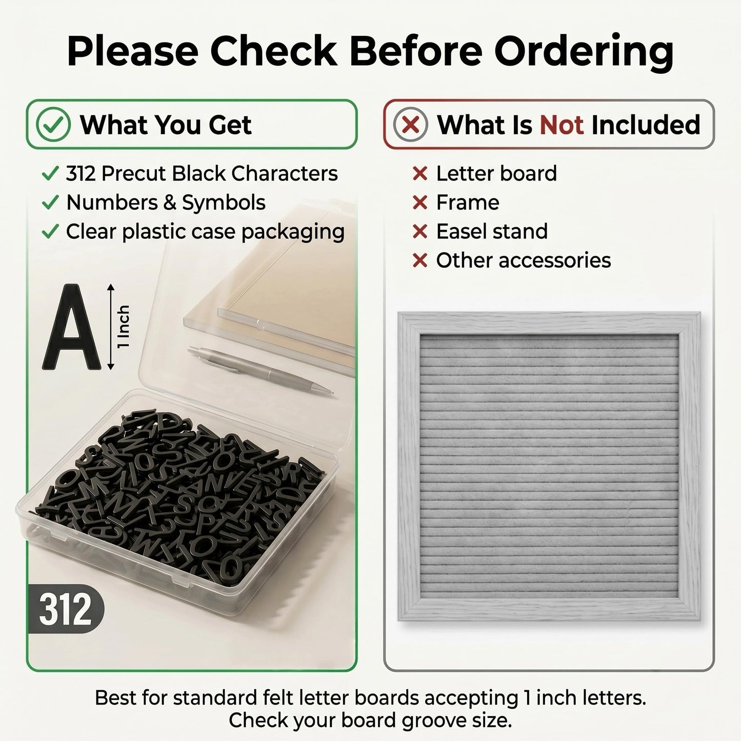 1 Inch Tall Plastic Letter Board Letters Only, 312 PCS Black Precut Replacement Letters and Numbers for Felt Letter Boards, Message Boards and Directory Boards, No Board Included