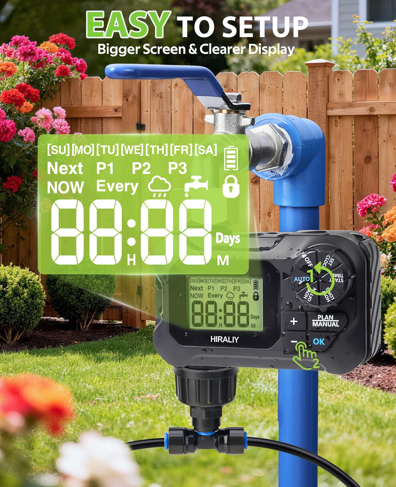 HIRALIY 50FT Pressure Compensated Drip Irrigation System with Timer, No-Leak Quick Connect Automatic Watering System, 12 Adjustable Emitters for Uniform Flow, Garden, Patio, Raised Bed