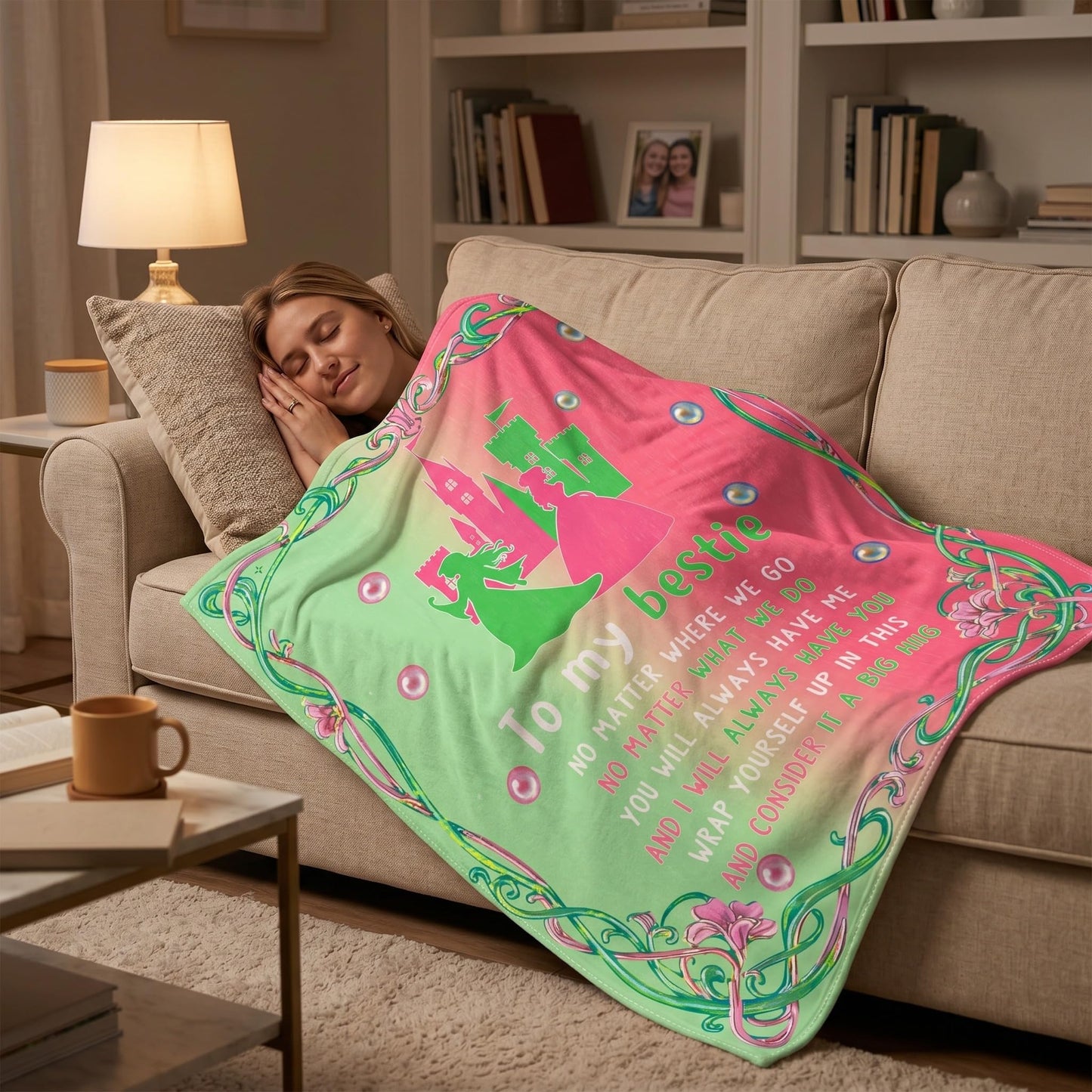 Hillsuren Witch Theme Blanket for Girls Pink and Green Throw Blanket to My Bestie Flannel Blankets 50 x 60 Inch Fun Witch Team Gifts for Women Christmas Halloween Thanksgiving Gift Decoration