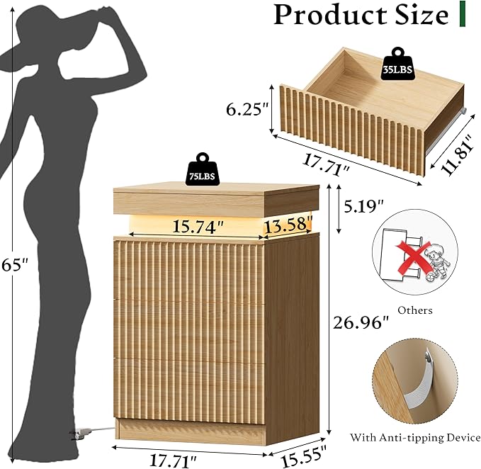 Xixini Nightstand with Charging Station and LED Lights, Fluted Night Stand with