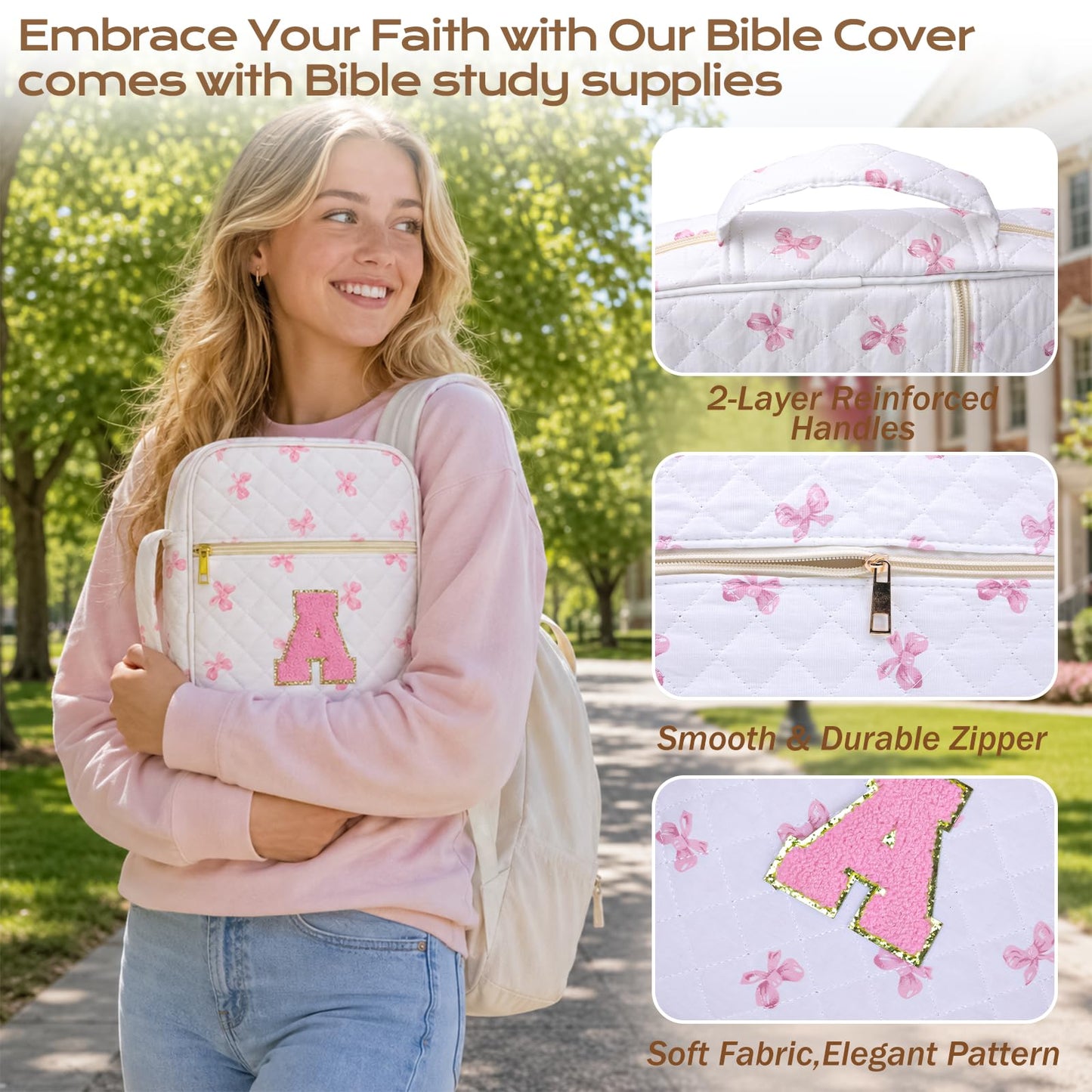 XKDOUS Bible Cover for Women Quilted Bible Bag Church Book Carrying Case with Letter A, Handle, Study Supplies Organizer Portable Church Book Carrier Christian Gifts for Mom, Lady