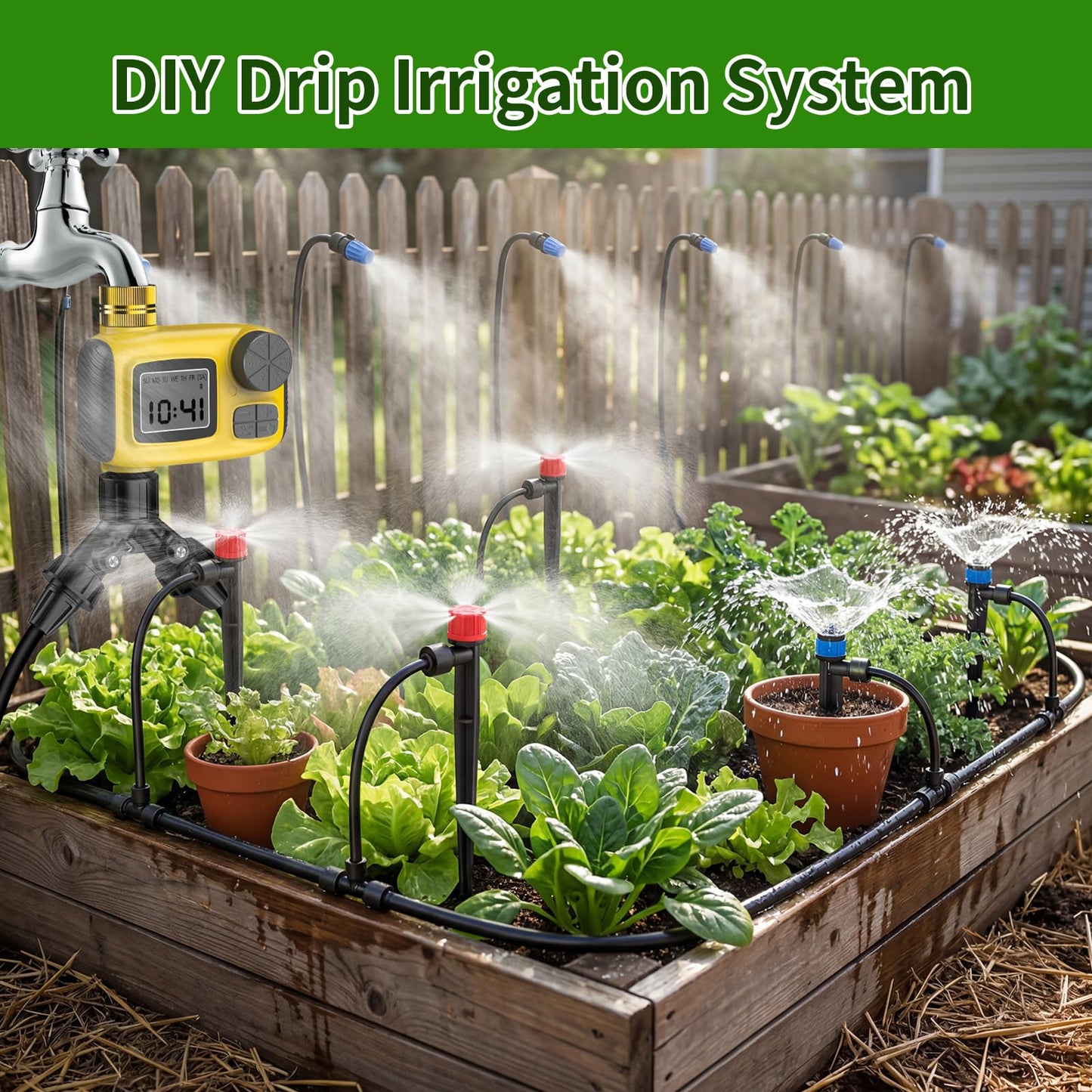 165FT Drip Irrigation System with Timer, Automatic DIY Garden Watering Kit with 1/2" & 1/4" Tubing, Solid Brass Connectors & Adjustable Sprayers for Plants, Garden, Lawn, Greenhouse, Raised Beds