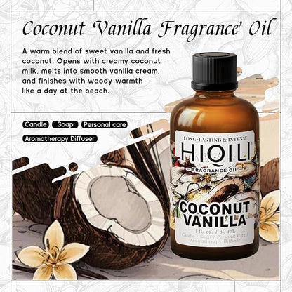 HIQILI Coconut Vanilla Fragrance Oil for Candle Making, Soap Making Supplies, Essential Oils for Diffuser for Home and Car - 1 Fl Oz