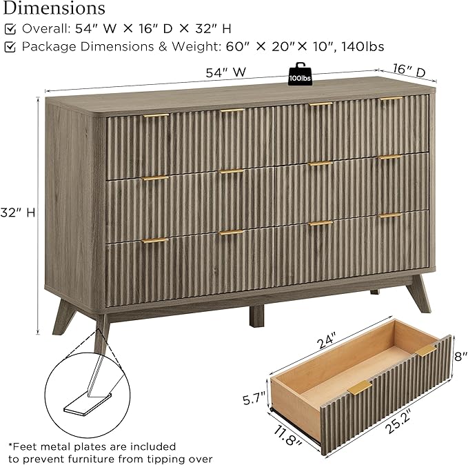 T4TREAM Fluted 6 Drawers Dresser, Curved Profile Design, Dresser TV Stand