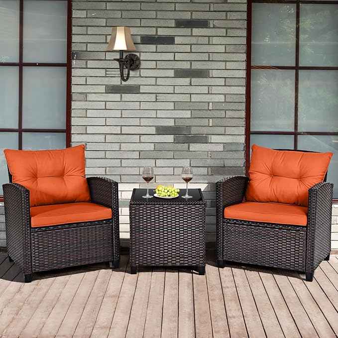 HAPPYGRILL 3 Pieces Patio Conversation Set, Outdoor Furniture Set PE Rattan