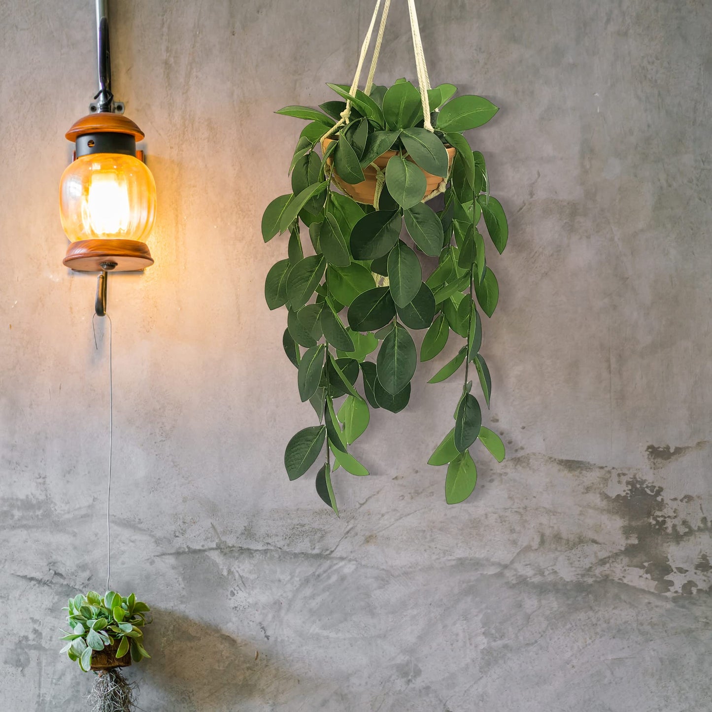Hisow Hanging Plants Artificial Decor, Fake Hanging Plant in Clay Pot Artificial Hanging Plants with Fake Leaves and Hook for Wall Home Room Indoor Outdoor Décor (Dark Green)