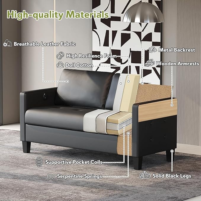 STHOUYN 59” Black Faux Leather Sofa Couch, Modern Comfy Office 2 Seater Couch