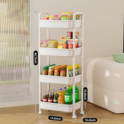 JOYZAN 4 Tier Rolling Carts with Wheels, Utility Cart with Handle and Locking Caster, Storage Cart for Kitchen, Office, Bedroom, Suitable for Diaper, Art Tools, Snack, Craft Storage Cabinet, White