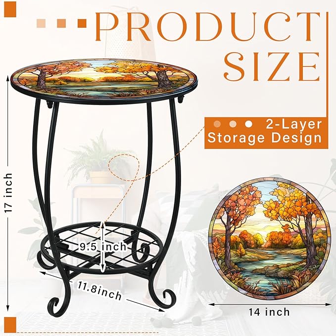 Cinnvoice Outdoor Side Table Round Small Mosaic Patio Accent Indoor End Plant