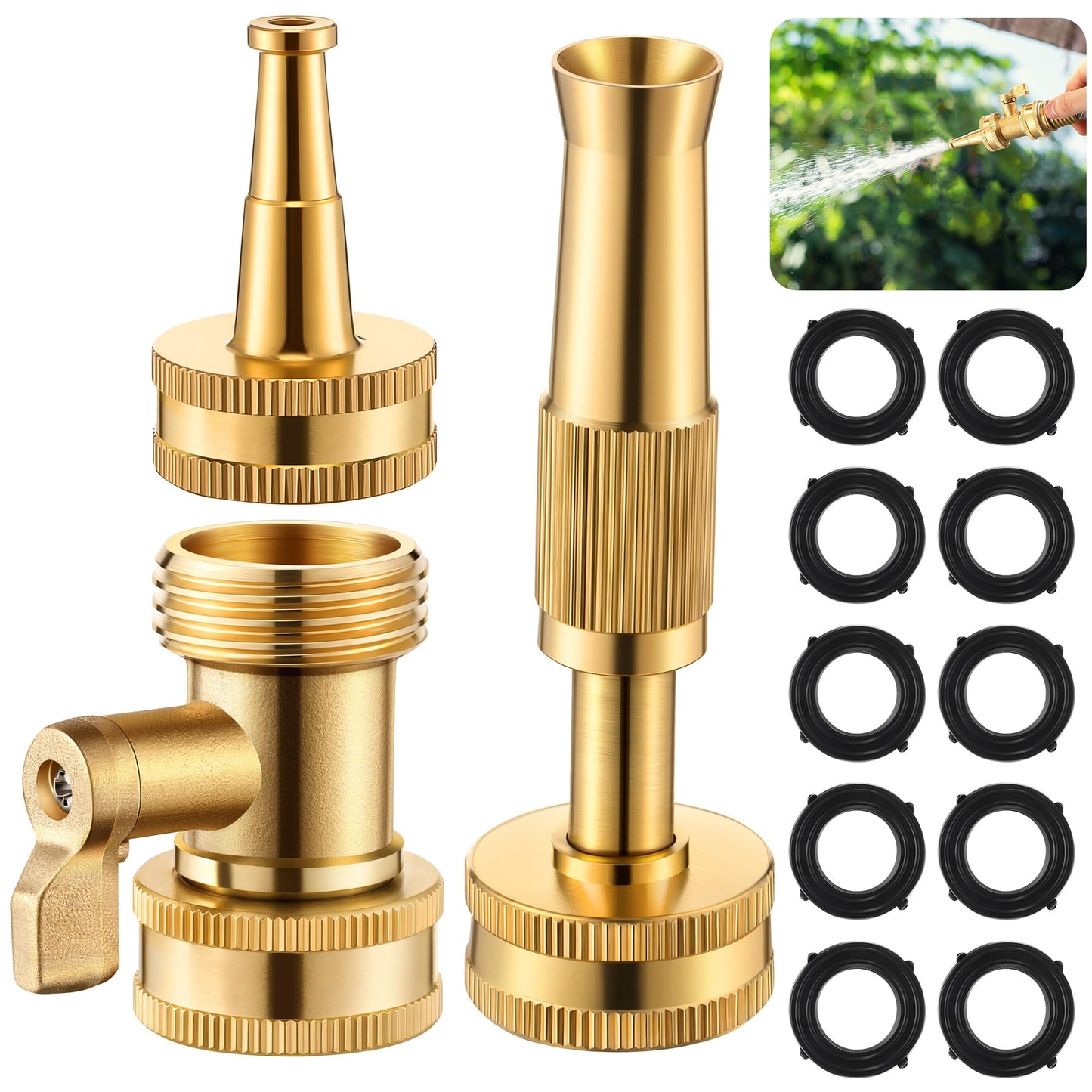 Dunkive 3 Pcs Garden Hose Nozzle Kit, 4" Brass Adjustable Twist Nozzle, Jet High Pressure Water Sprayer, Brass Hose Shut Off Valve with 10 Rubber Washers, 3/4" GHT Connector for Garden Sprinkler
