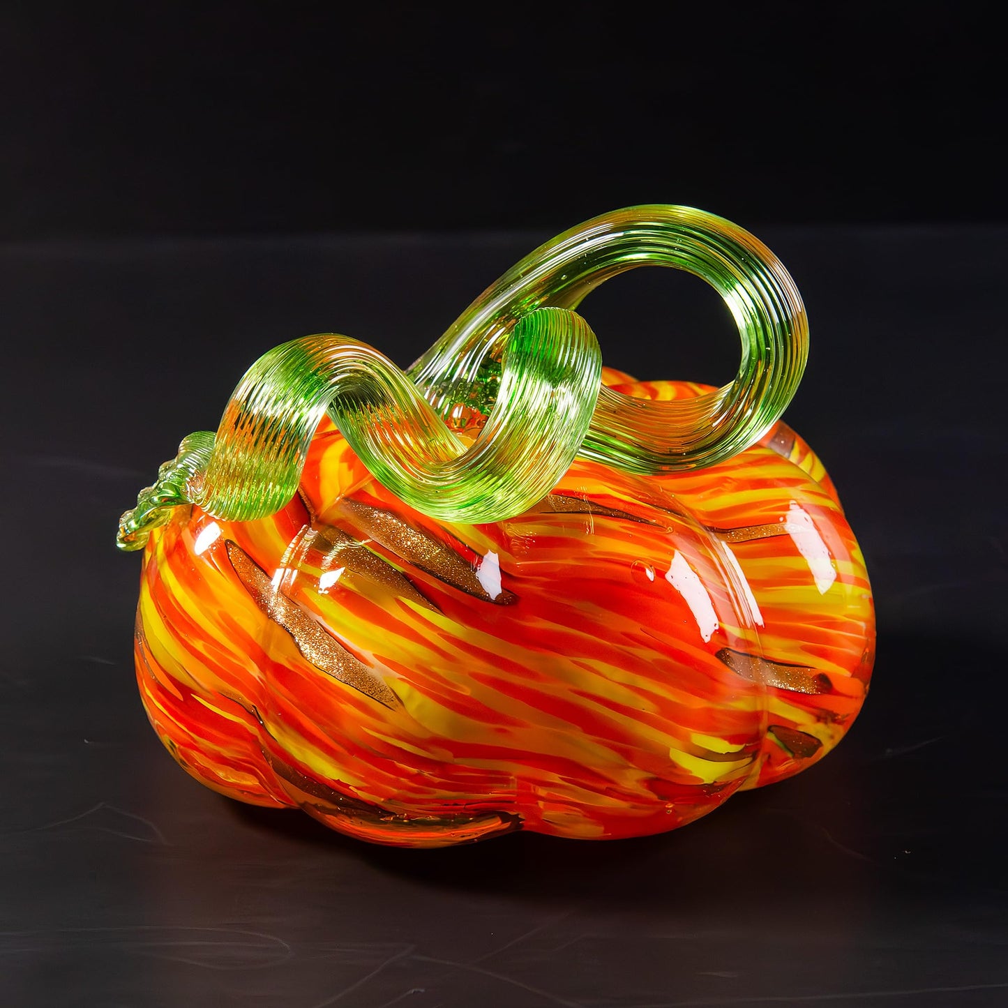 kangming Hand-Blown Glass Pumpkin, Rustic Amber Stripe Art Glass Harvest Decor, Autumn Figurine Sculpture for Halloween & Thanksgiving Table Centerpiece (Rustic Amber Stripe)
