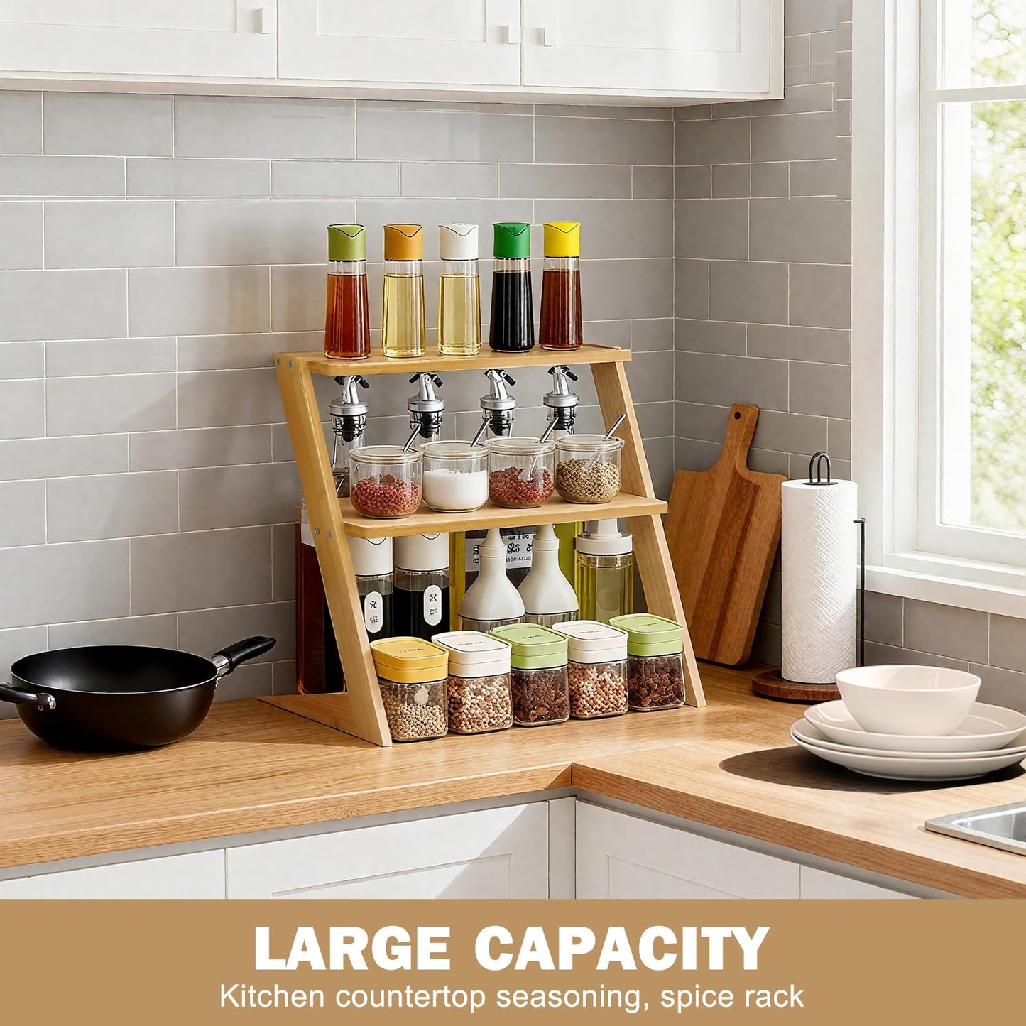 OcBuct 3 Tier Table Top Countertop Small Plant Stand with Shelf Adjustable, Bamboo Wooden Desk Plants Succulent Stand, Office Flower Pot Holder Rack ,Cup Cake Stand, Kitchen Spice Rack