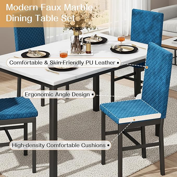 Recaceik Dining Table Set for 4, Modern 5 Piece Dining Table Set Faux Marble